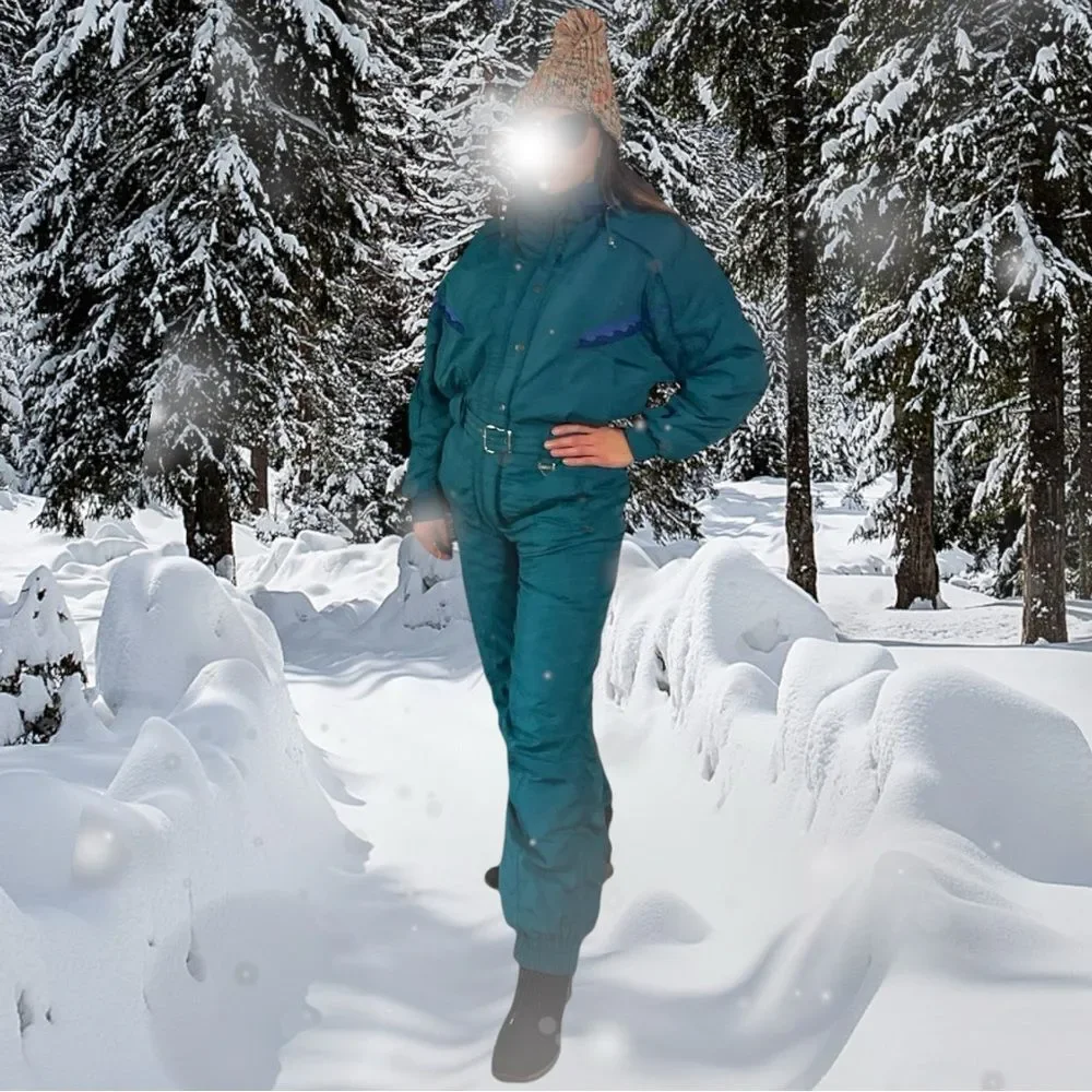 Vintage Women's Ski Suit 90’s. Snowsuit belted one-piece. skisuit snow jumpsuit